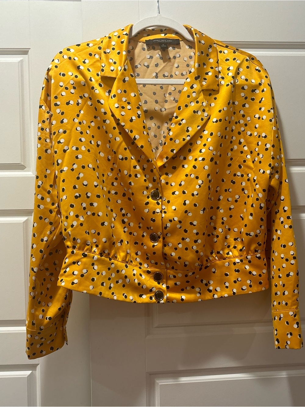 Yellow Polka Dot Satin Button-Up Blouse